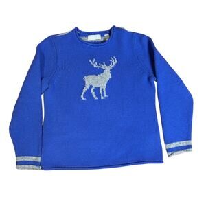 LIZ CLAIBORNE Blue Gray Embroidered Deer Long Sleeve Pullover Sweater Large